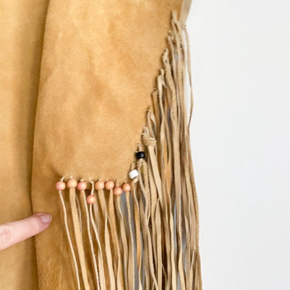 Vintage Handmade Suede Asymmetrical Hem Fringe Bead Detail Boho Simple Dress L - Picture 5 of 8